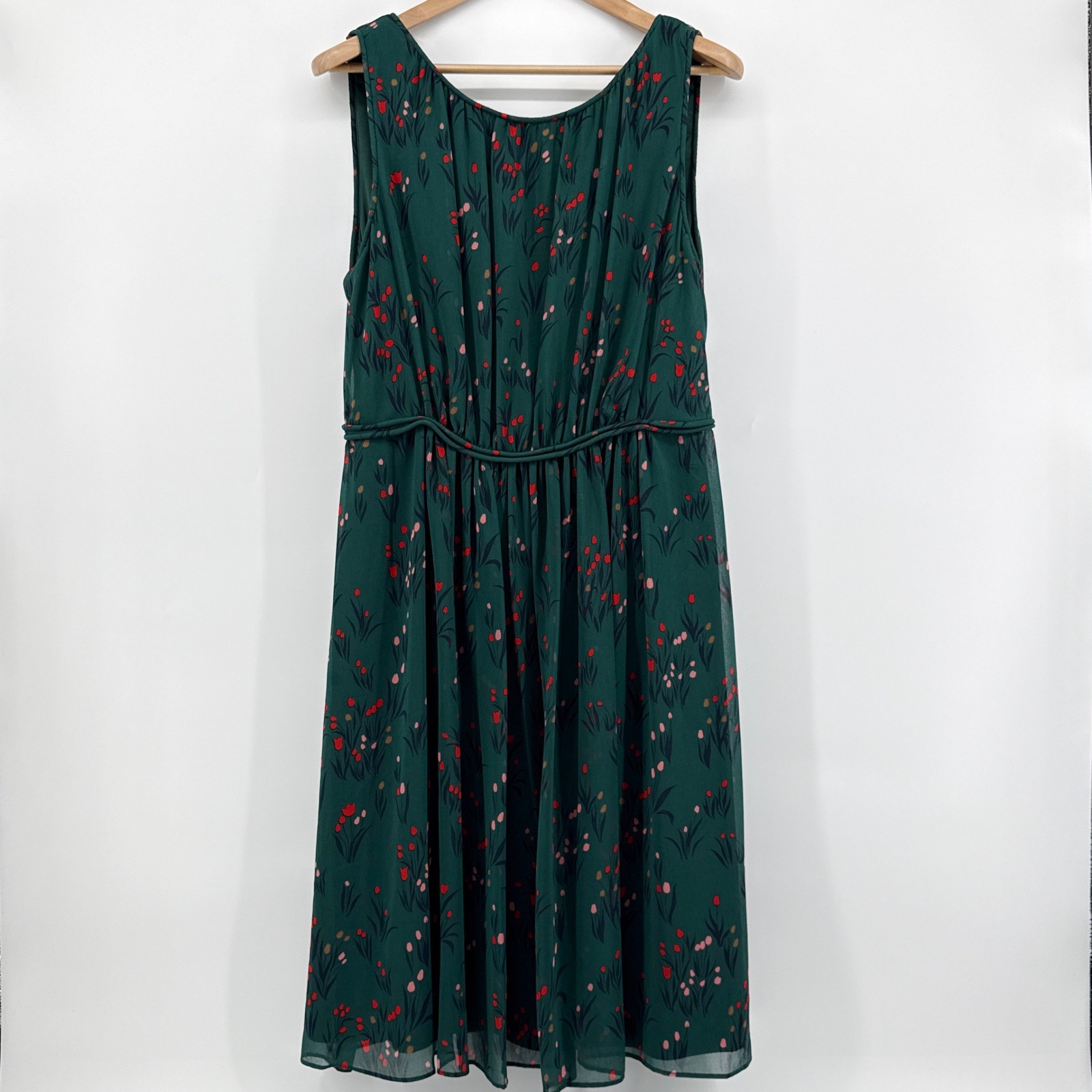 Boden Green Pink Tulip Floral Sleeveless Fit Flare Chiffon Midi Dress 12r Ww250